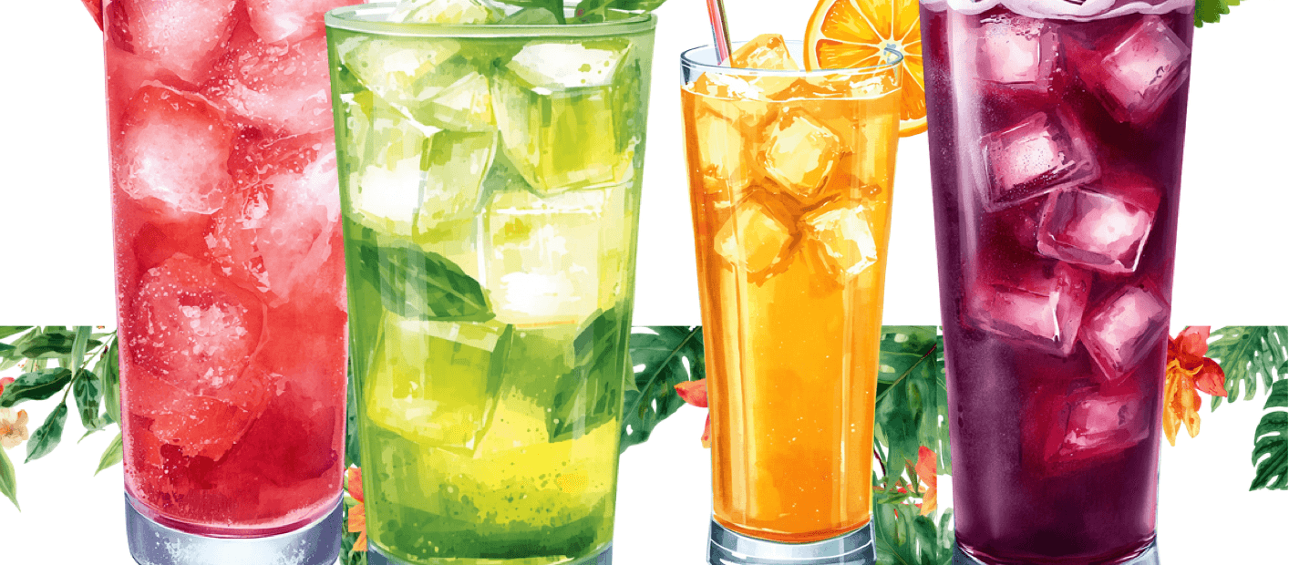 Fresh juices in tall glasses with fruit and ice