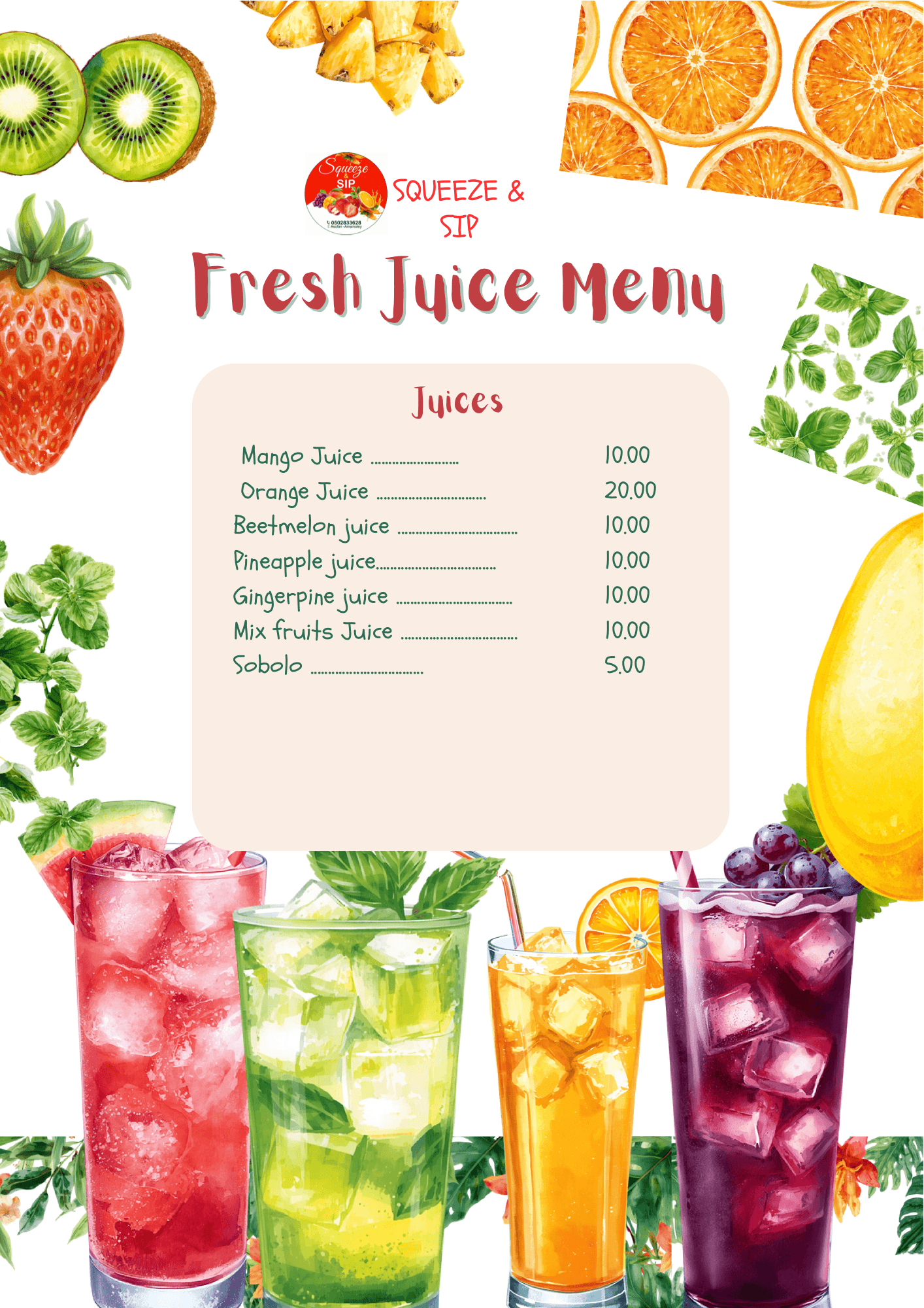 Squeeze & SIP fresh juice menu flyer