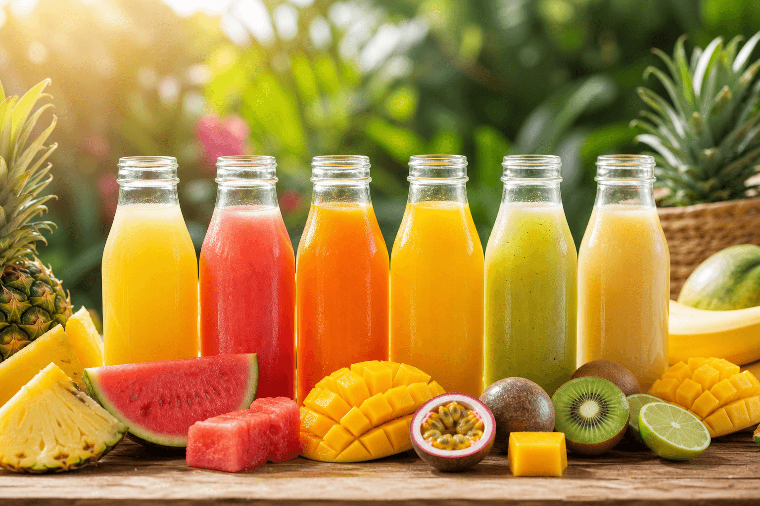 Fresh fruit juices in glass bottles