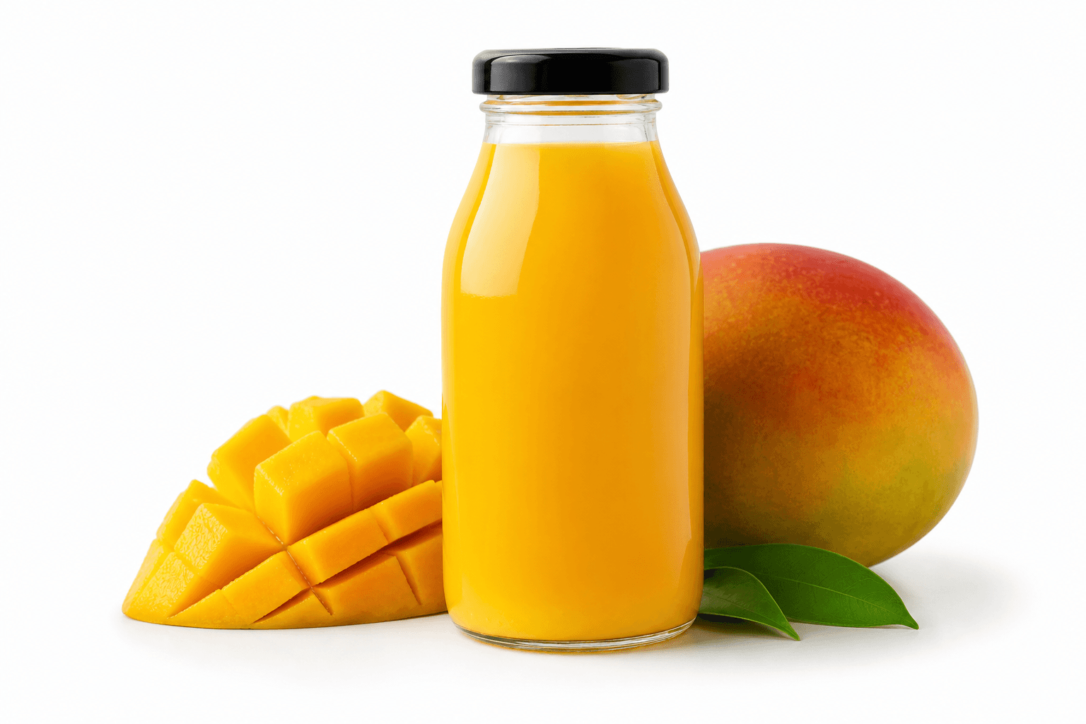Mango juice in a glass bottle