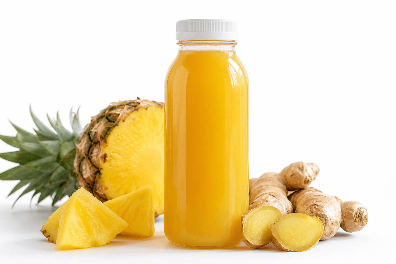 Pineapple ginger juice in a glass bottle